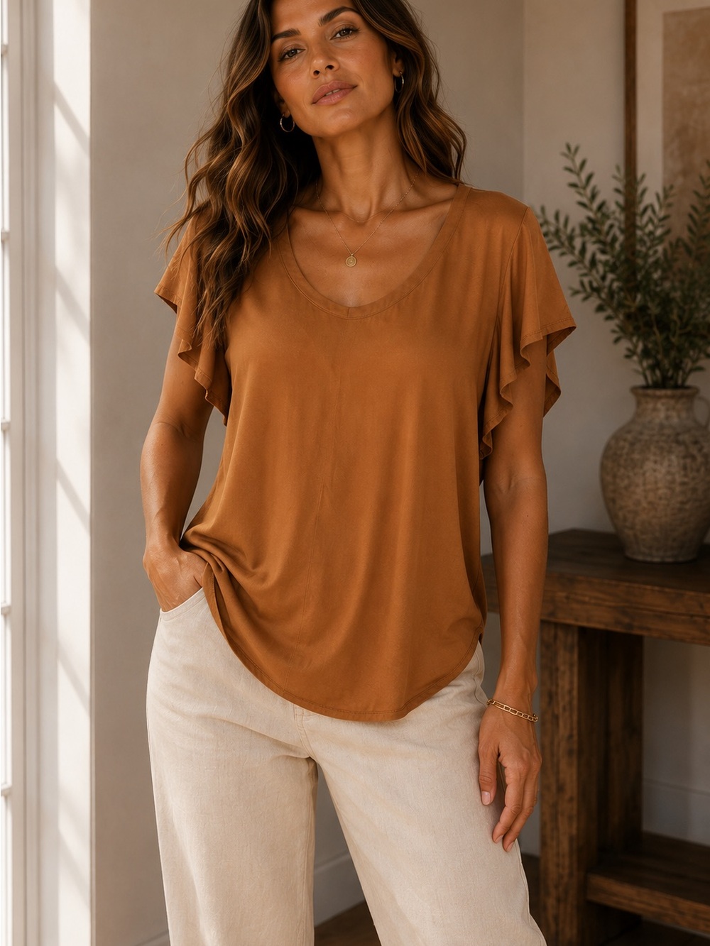 Pure Jill J.Jill XL Caramel ECOVERO Viscose Draped Flutter Sleeve Top